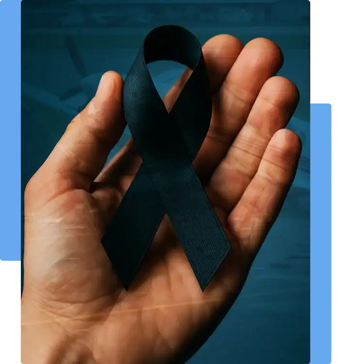 Close-up of a human hand holding a black mourning ribbon, symbolizing grief and loss, with a faint image of an airplane in the background.