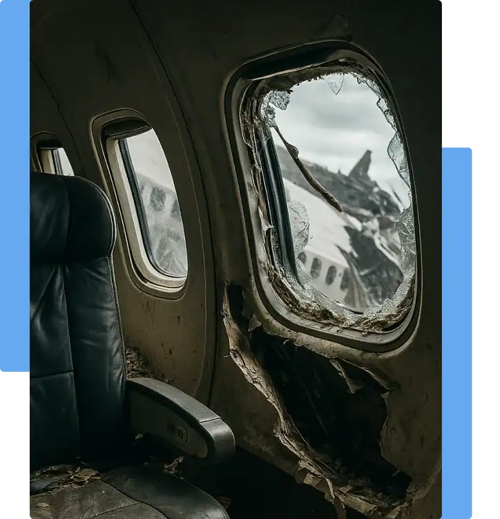 Interior of a damaged airplane cabin with broken windows and dislodged seats, viewed from inside looking toward the window after a crash. No passengers are visible