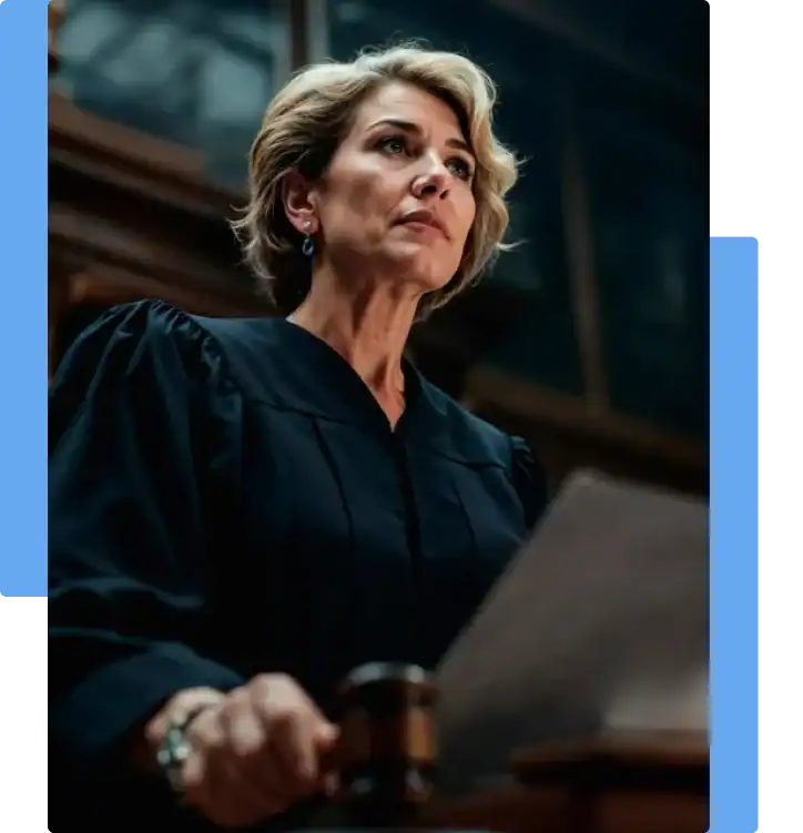 Civil Rights Lawyer: Female judge in a courtroom wearing judicial robes, holding a gavel with a focused expression, symbolizing authority and justice in civil rights law