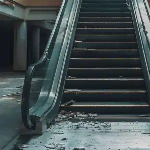 Broken escalator surrounded by debris in an abandoned shopping mall