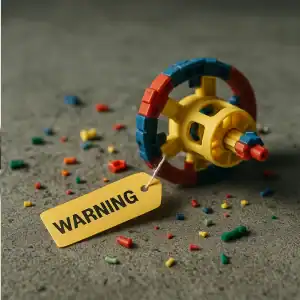 Broken children's toy with small scattered pieces and a warning tag, indicating a choking hazard