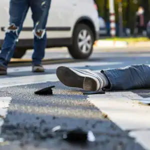 Pedestrian injured in a street accident lying on a crosswalk near debris