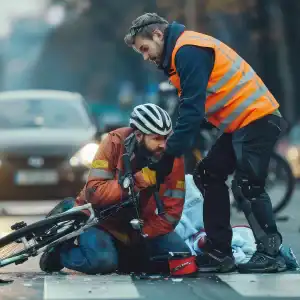 Injured cyclist receiving assistance from a man in safety vest after an accident at a crosswalk