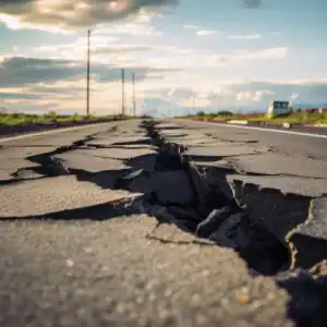 Damaged road with large cracks extending through asphalt under an open sky
