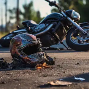 Motorcycle crash scene with fallen helmet and damaged bike on the road