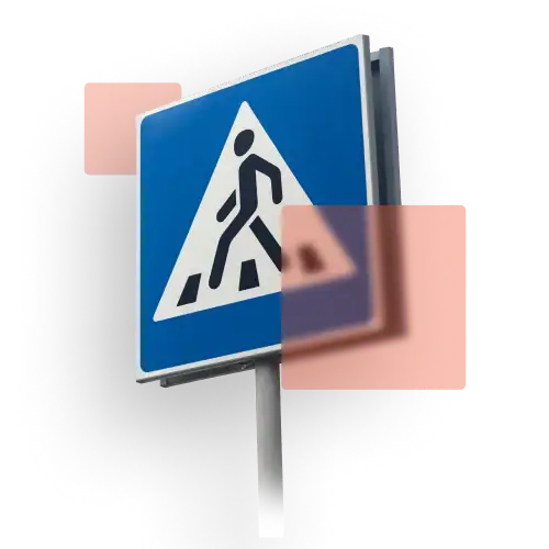 Pedestrian accident Pedestrian crossing sign with artistic red accent shapes, symbolizing safety awareness and legal protection for pedestrians