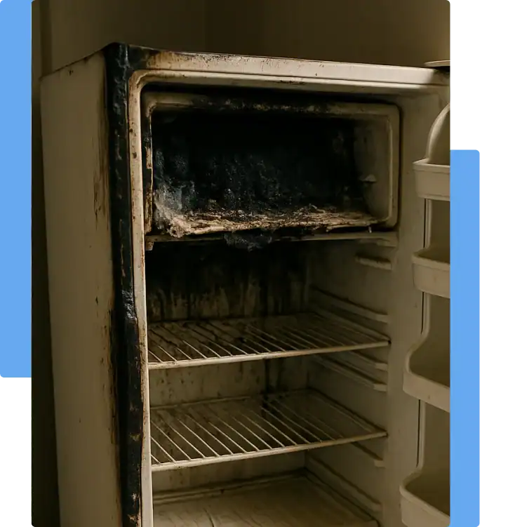 Close-up of a severely damaged refrigerator with signs of fire and decay, illustrating a defective household product