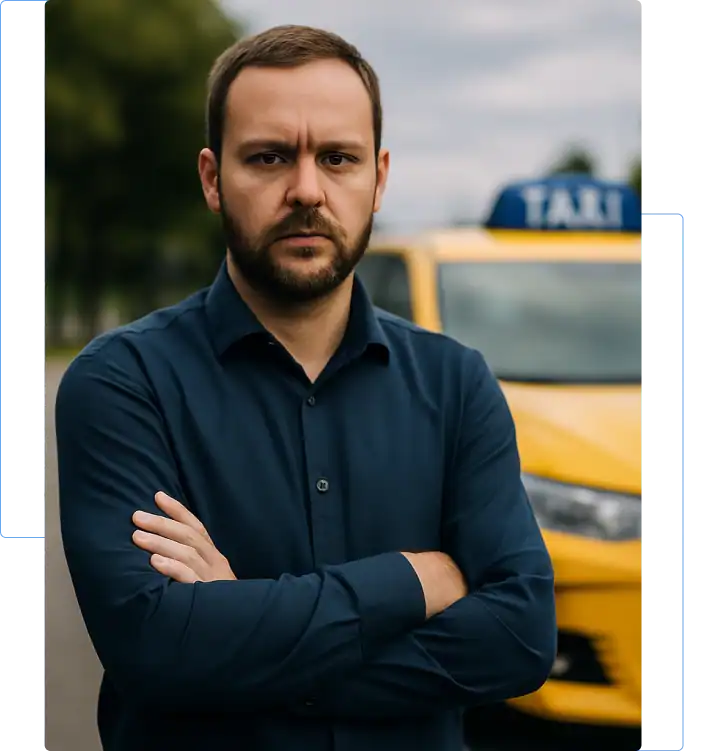 TLC Driver accident Serious-looking taxi driver in a dark blue dress shirt standing with arms crossed, with a yellow taxi visible in the background