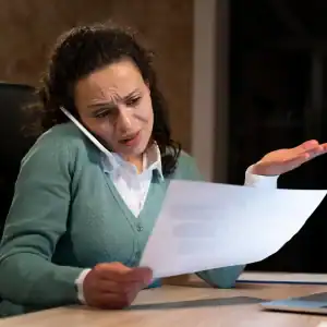 Concerned woman on a phone call reviewing a confusing paycheck document at her desk.