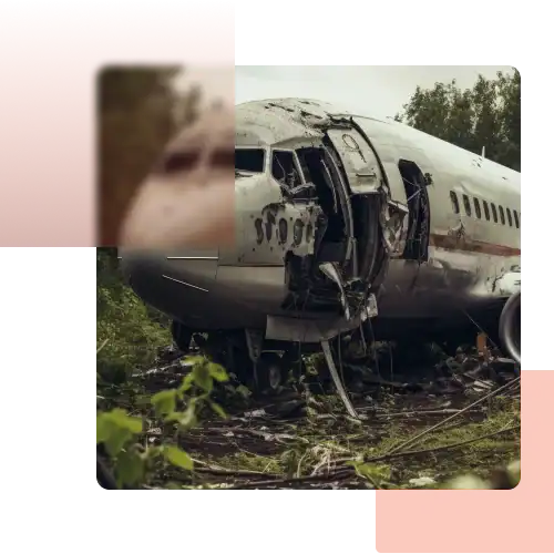 Aviation accident Wreckage of a crashed commercial airplane in a forested area, showing severe structural damage