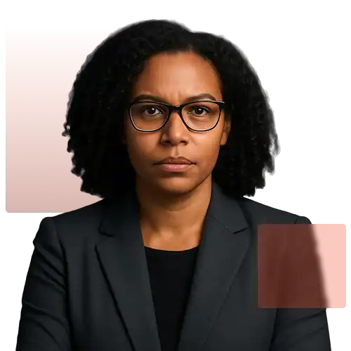 Portrait of an African American woman in a suit, looking sternly, against a solid dark blue background, representing civil rights advocacy.