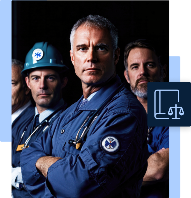 A group of serious-looking emergency professionals, including doctors and paramedics, standing in solidarity