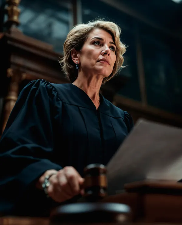 Civil Rights Lawyer: Female judge in a courtroom wearing judicial robes, holding a gavel with a focused expression, symbolizing authority and justice in civil rights law
